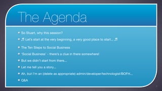 The Agenda
So Stuart, why this session?

♬ Let’s start at the very beginning, a very good place to start... ♬

The Ten Steps to Social Business

‘Social Business’ - there’s a clue in there somewhere!

But we didn’t start from there...

Let me tell you a story...

Ah, but I’m an (delete as appropriate) admin/developer/technologist/BOFH...

Q&A
                                                                              3
 