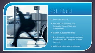 2d. Build
Use combination of:

 Included TDI assembly lines
 (population/sync of data into
 Connections)

 Custom TDI assembly lines

 Event Handlers (can capture writes of
 Connections data and push to other
 systems)

 Additional intermediary databases

                                         30
 