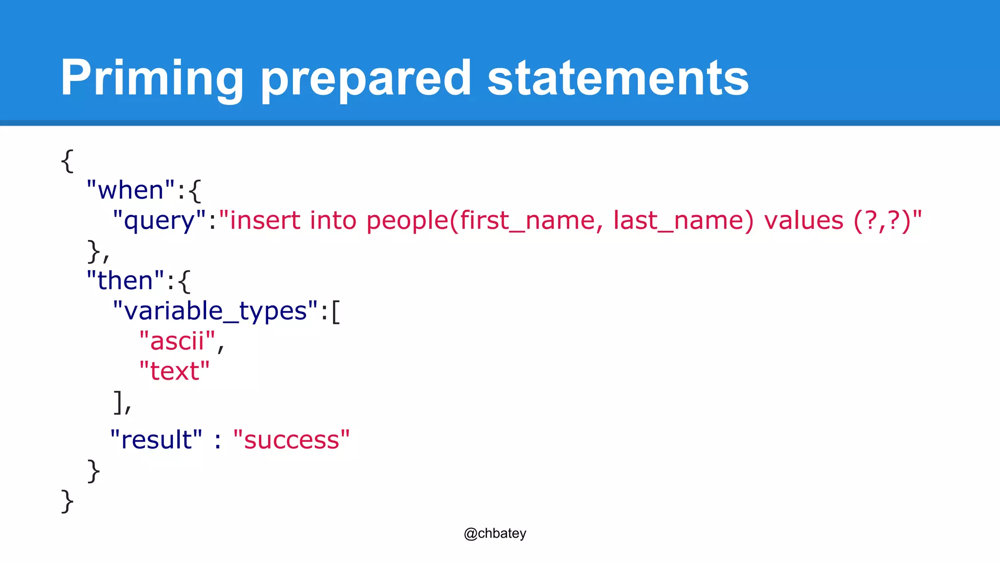 Priming prepared statements 
{ 
"when":{ 
"query":"insert into people(first_name, last_name) values (?,?)" 
}, 
"then":{ 
"variable_types":[ 
@chbatey 
"ascii", 
"text" 
], 
"result" : "success" 
} 
} 
 