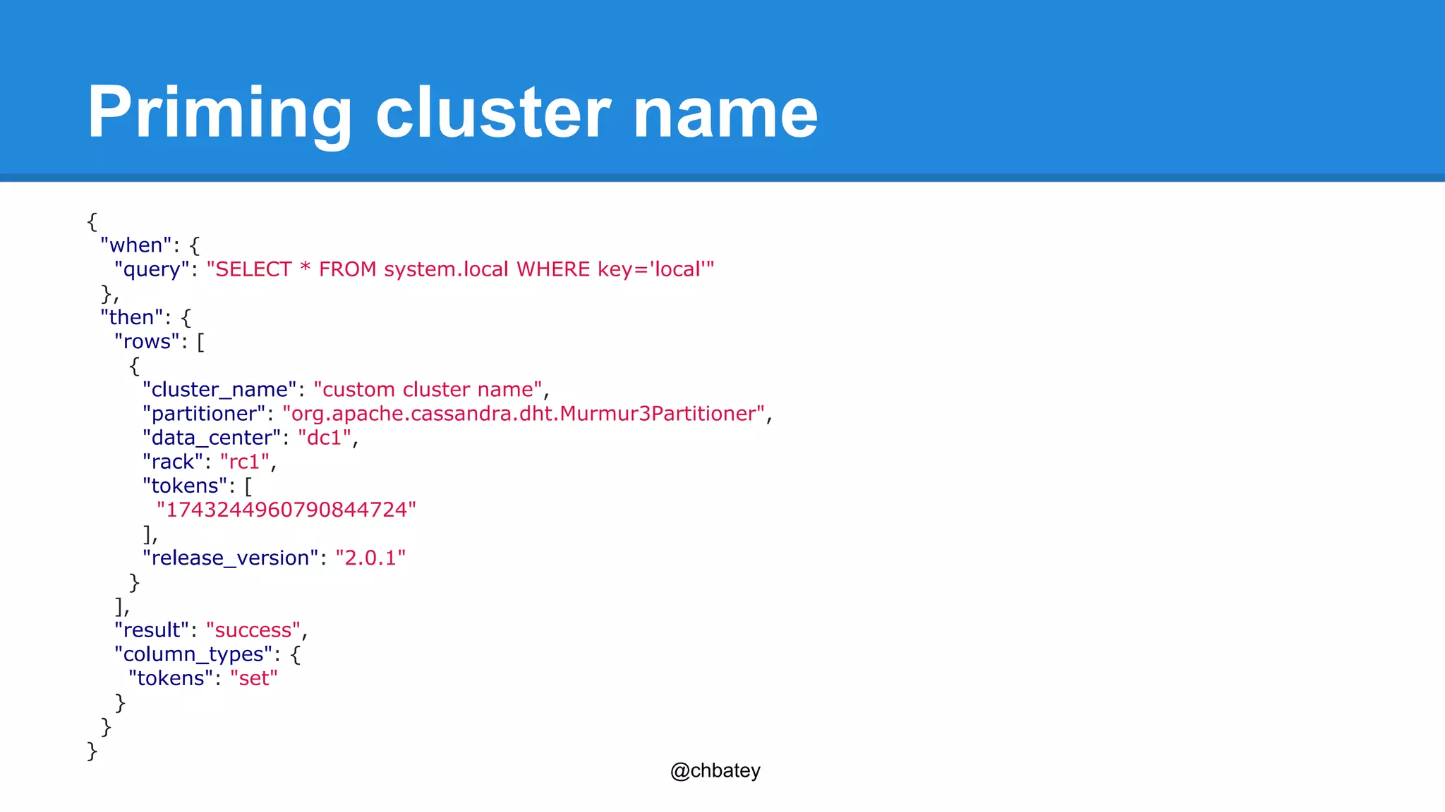 Priming cluster name 
@chbatey 
{ 
"when": { 
"query": "SELECT * FROM system.local WHERE key='local'" 
}, 
"then": { 
"rows": [ 
{ 
"cluster_name": "custom cluster name", 
"partitioner": "org.apache.cassandra.dht.Murmur3Partitioner", 
"data_center": "dc1", 
"rack": "rc1", 
"tokens": [ 
"1743244960790844724" 
], 
"release_version": "2.0.1" 
} 
], 
"result": "success", 
"column_types": { 
"tokens": "set" 
} 
} 
} 
 