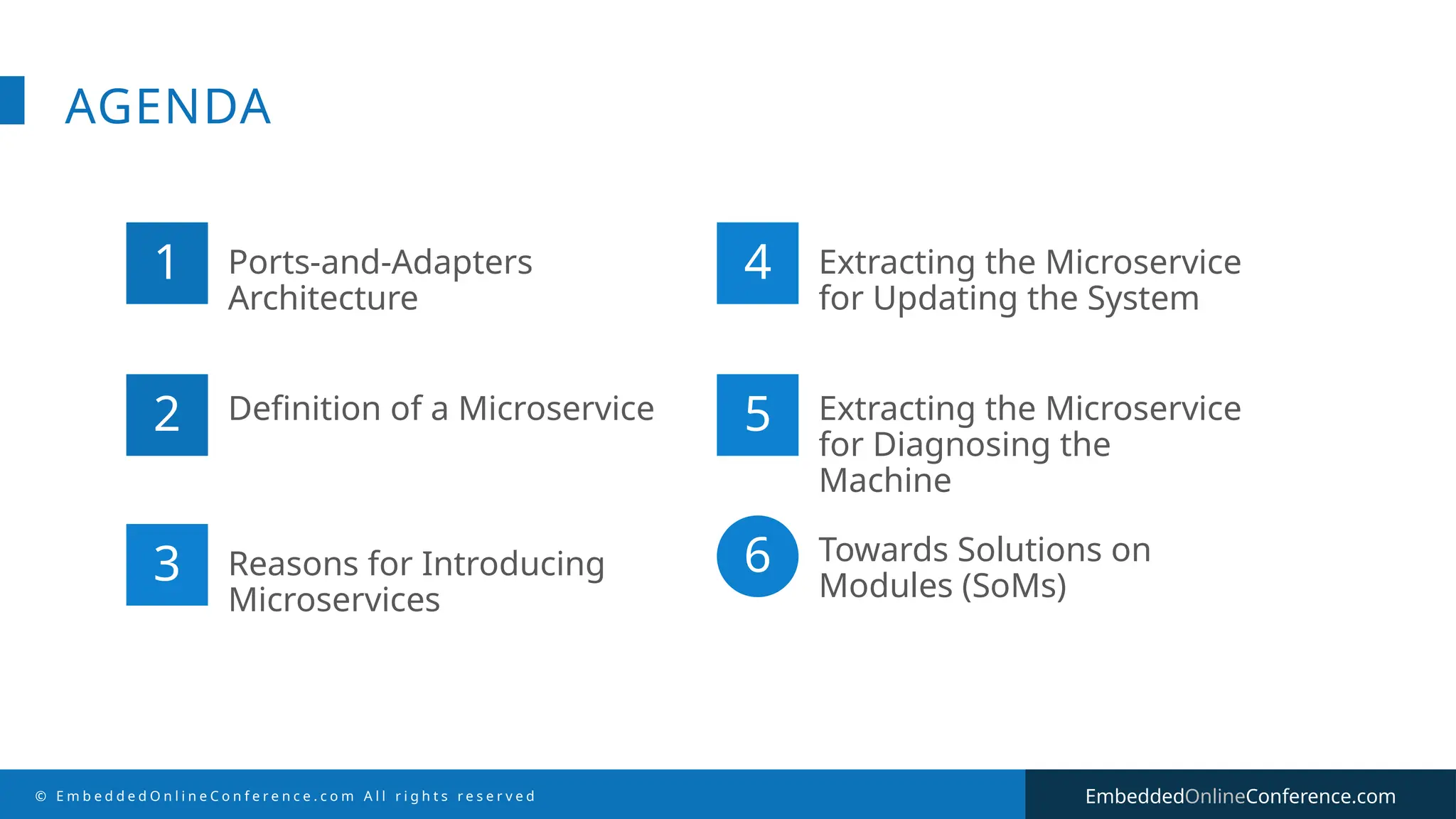 © E m b e d d e d O n l i n e C o n f e r e n c e . c o m A l l r i g h t s r e s e r v e d EmbeddedOnlineConference.com
AGENDA
1 Ports-and-Adapters
Architecture
2 Definition of a Microservice
Reasons for Introducing
Microservices
4 Extracting the Microservice
for Updating the System
5 Extracting the Microservice
for Diagnosing the
Machine
3 6 Towards Solutions on
Modules (SoMs)
 