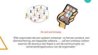 De wet van Conway:
"Elke organisatie die een systeem ontwerpt - zij het een product, een
dienstverlening, een bepaalde software, ... - zal een ontwerp creëren
waarvan de structuur een kopie is van de communicatie- en
samenwerkingsstructuur van de organisatie."
 