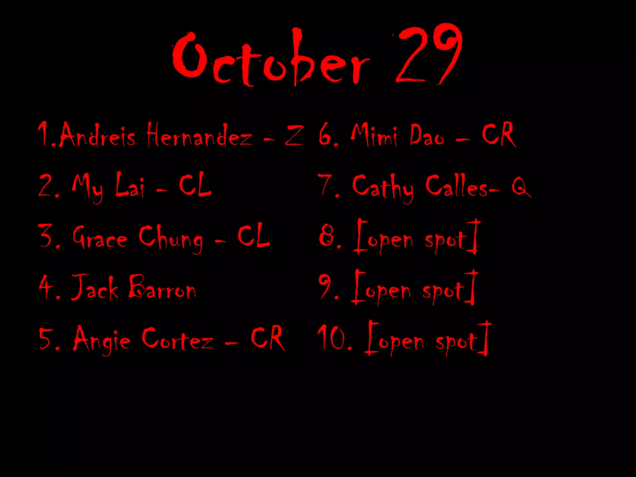 October 291.Andreis Hernandez - Z2. My Lai - CL3. Grace Chung - CL4. Jack Barron5. Angie Cortez – CR6. Mimi Dao – CR7. Cathy Calles- Q8. [open spot]9. [open spot]10. [open spot]