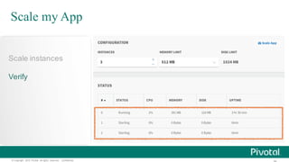 ©  Copyright   2015 Pivotal.  All  rights   reserved.     Confidential.
Scale  instances
Verify
Scale my App
 