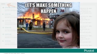 ©  Copyright   2015 Pivotal.  All  rights   reserved.     Confidential.
Logs and Health Management
cf  logs
Kill  app
Verify  fail-­over  
Recover  failed  instance
 