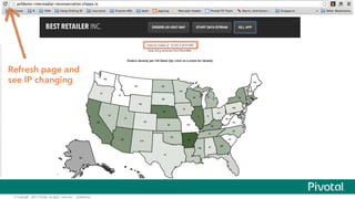 ©  Copyright   2015 Pivotal.  All  rights   reserved.     Confidential.
cf  logs
cf  events
Kill  app
Verify  fail-­over  
Recover  failed  instance
Logs, Events and Health Management
Refresh page and
see IP changing
 
