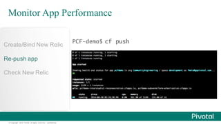 ©  Copyright   2015 Pivotal.  All  rights   reserved.     Confidential.
Create/Bind  New  Relic
Re-­push  app
Check  New  Relic
Monitor App Performance
cf pushPCF-demo$
 