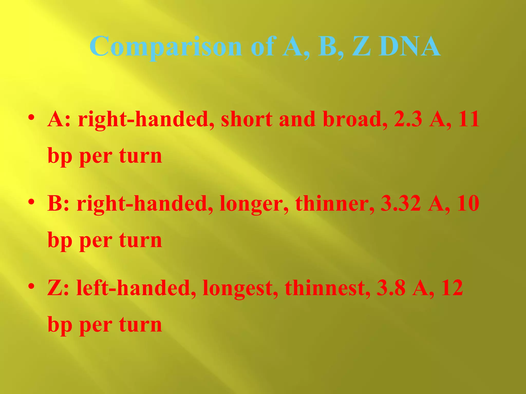 Comparison of A, B, Z DNA
• A: right-handed, short and broad, 2.3 A, 11
bp per turn
• B: right-handed, longer, thinner, 3.32 A, 10
bp per turn
• Z: left-handed, longest, thinnest, 3.8 A, 12
bp per turn

 
