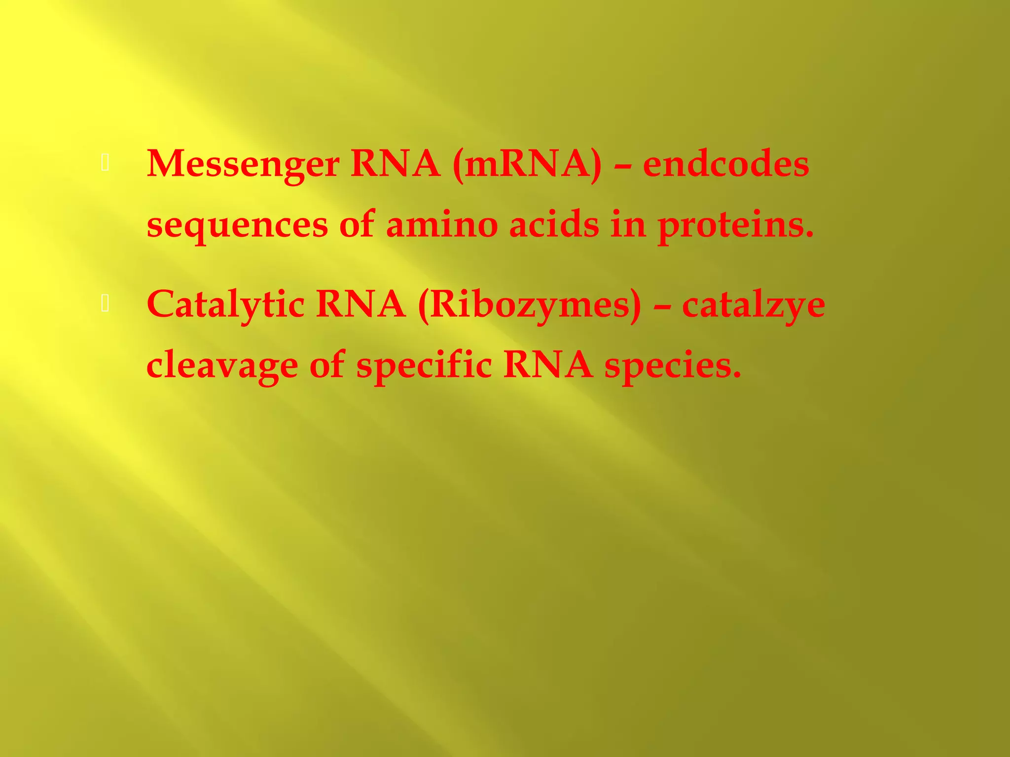 

Messenger RNA (mRNA) – endcodes
sequences of amino acids in proteins.



Catalytic RNA (Ribozymes) – catalzye
cleavage of specific RNA species.

 