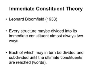Immediate Constituent Theory
• Leonard Bloomfield (1933)
• Every structure maybe divided into its
immediate constituent almost always two
ways
• Each of which may in turn be divided and
subdivided until the ultimate constituents
are reached (words).
 