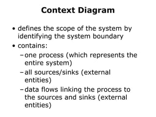 Context Diagram
• defines the scope of the system by
identifying the system boundary
• contains:
–one process (which represents the
entire system)
–all sources/sinks (external
entities)
–data flows linking the process to
the sources and sinks (external
entities)
 