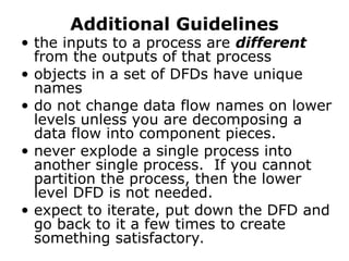 Additional Guidelines
• the inputs to a process are different
from the outputs of that process
• objects in a set of DFDs have unique
names
• do not change data flow names on lower
levels unless you are decomposing a
data flow into component pieces.
• never explode a single process into
another single process. If you cannot
partition the process, then the lower
level DFD is not needed.
• expect to iterate, put down the DFD and
go back to it a few times to create
something satisfactory.
 