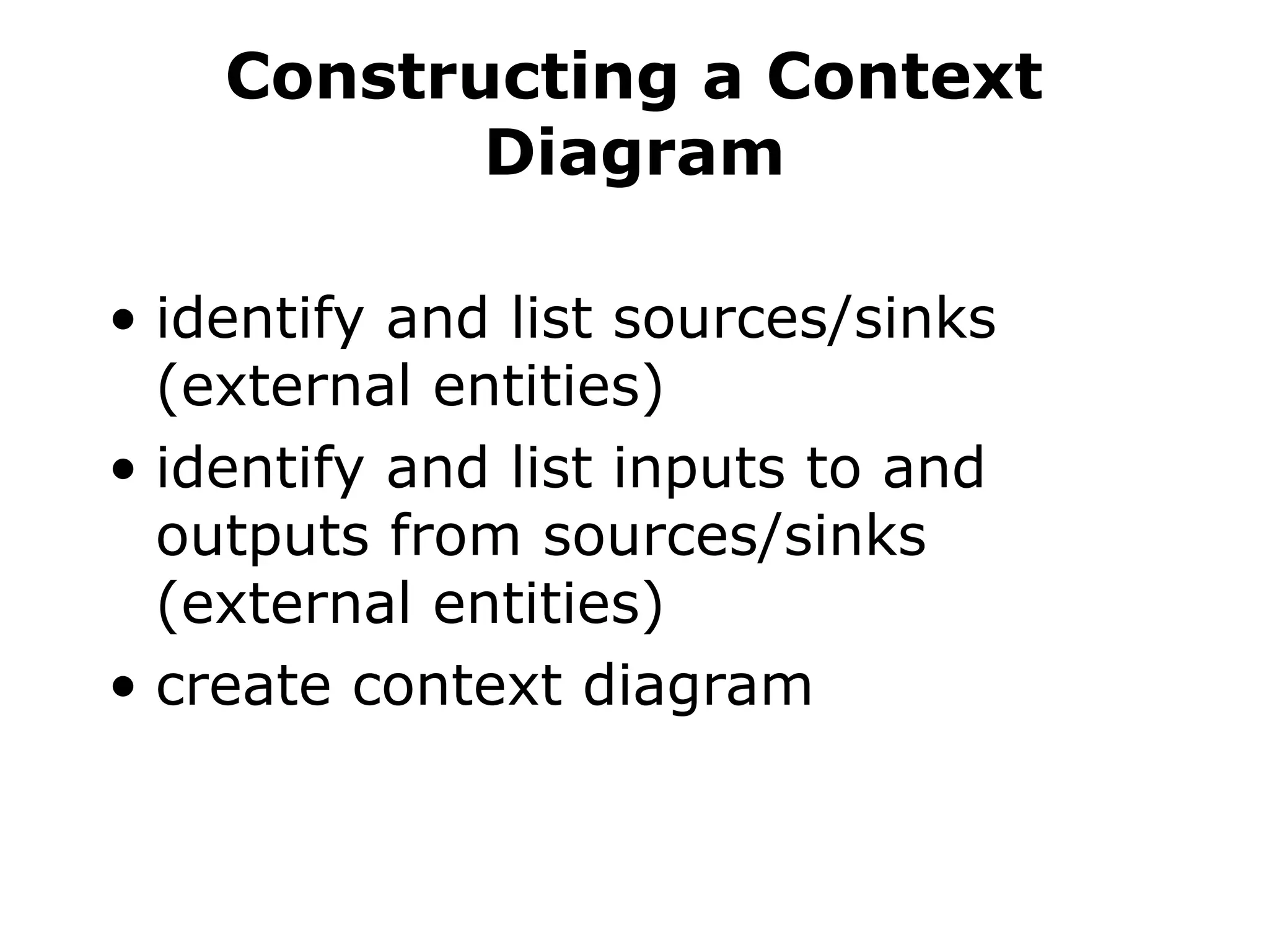 Constructing a Context
Diagram
• identify and list sources/sinks
(external entities)
• identify and list inputs to and
outputs from sources/sinks
(external entities)
• create context diagram
 
