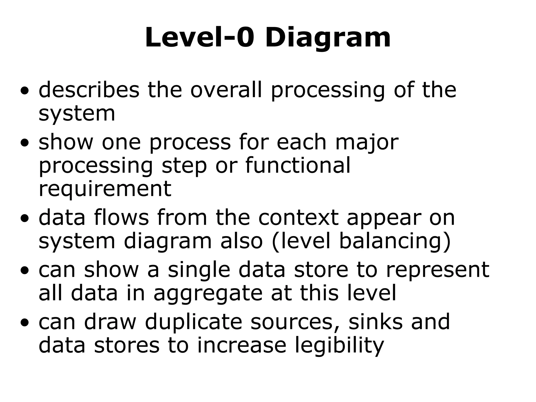 Level-0 Diagram
• describes the overall processing of the
system
• show one process for each major
processing step or functional
requirement
• data flows from the context appear on
system diagram also (level balancing)
• can show a single data store to represent
all data in aggregate at this level
• can draw duplicate sources, sinks and
data stores to increase legibility
 