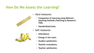 How Do We Assess the Learning?
• Hard measures:
• Comparison of learning using different
teaching methods (Teaching as Research:
TAR).
• Standardized tests.
• Soft measures:
• Attendance.
• Energy in the room.
• Student satisfaction.
• Teacher evaluations.
• Teacher satisfaction.
 