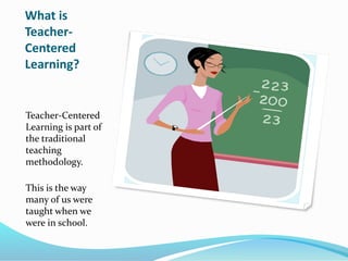 What is
Teacher-
Centered
Learning?
Teacher-Centered
Learning is part of
the traditional
teaching
methodology.
This is the way
many of us were
taught when we
were in school.
 