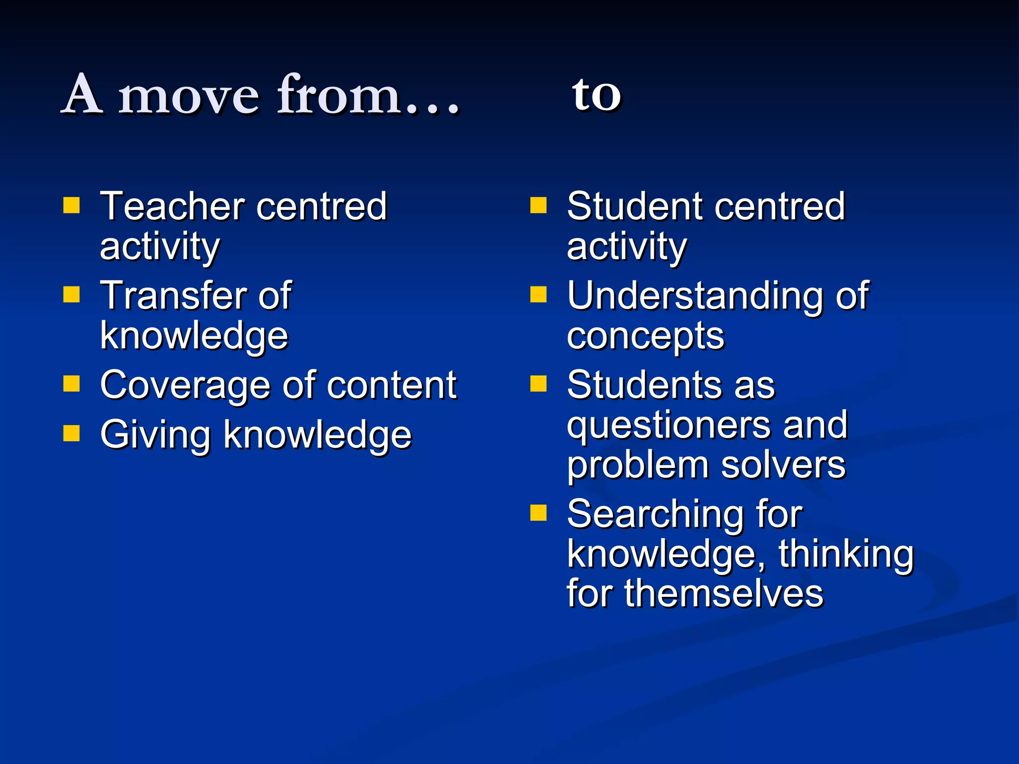 A move from…  Teacher centred activity Transfer of knowledge Coverage of content Giving knowledge Student centred activity Understanding of concepts Students as questioners and problem solvers Searching for knowledge, thinking for themselves to 