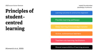 Principles of
student-
centred
learning
(Klemenčič et al., 2020)
Learning outcomes & constructive alignment
Flexible learning pathways
Deep learning & knowledge transfer
Active, autonomous learners
Teachers als learning facilitators
Shared responsibility of learning process
Isabell Grundschober
@isabellgru #unikrems
2022 eucen Autum Seminar
 