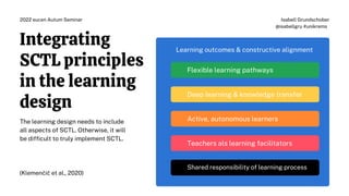 Integrating
SCTL principles
in the learning
design
(Klemenčič et al., 2020)
Learning outcomes & constructive alignment
Flexible learning pathways
Deep learning & knowledge transfer
Active, autonomous learners
Teachers als learning facilitators
Shared responsibility of learning process
Isabell Grundschober
@isabellgru #unikrems
2022 eucen Autum Seminar
The learning design needs to include
all aspects of SCTL. Otherwise, it will
be difficult to truly implement SCTL.
 