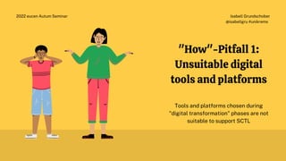 "How"-Pitfall 1:
Unsuitable digital
tools and platforms
Tools and platforms chosen during
"digital transformation" phases are not
suitable to support SCTL
Isabell Grundschober
@isabellgru #unikrems
2022 eucen Autum Seminar
 
