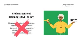 SCLT
Student-centered
learning (SCLT) as key:
How can LLL at university remain
ahead of the labor market
demands and offer programs
relevant to the industry?
(2022 eucen Autum Seminar program)
Isabell Grundschober
@isabellgru #unikrems
2022 eucen Autum Seminar
 