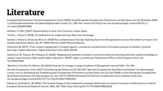 Literature
Gordon J, Halasz G, Krawczyk M, et al. (2009) Key competences in Europe: Opening doors for lifelong learners across the school curriculum and
teacher education. Report, No. 87, 2009. Warsaw: CASE Network Reports.
Telling, K., & Serapioni, M. (2019). The rise and change of the competence strategy: Reflections on twenty-five years of skills policies in the EU.
European Educational Research Journal, 18(4), 387–406. https://doi.org/10.1177/1474904119840558
Rat der Europäischen Union (2017). Empfehlung des Rates vom 22. Mai 2017 über den Europäischen Qualifikati-onsrahmen für lebenslanges
Lernen und zur Aufhebung der Empfehlung des Europäischen Parlaments und des Rates vom 23. April 2008 zur Einrichtung des Europäischen
Qualifikationsrahmens für lebenslanges Ler-nen: 2017/C 189/03. Retrieved from Rat der Europäischen Union website: https://eur-
lex.europa.eu/legal-content/EN/TXT/?uri=CELEX:32017H0615(01)
Europäisches Parlament, Rat der Europäischen Union (2006). Empfehlung des Europäischen Parlaments und des Rates vom 18. Dezember 2006
zu Schlüsselkompetenzen für lebensbegleitendes Lernen: OJ L 394. Ret-rieved from https://eur-lex.europa.eu/legal-content/DE/ALL/?
uri=celex:32006H0962
Klemenčič, M., Pupinis, M., Kirdulytė, G. (2020). ‘Mapping and analysis of student-centred learning and teaching practices: usable knowledge to
support more inclusive, high-quality higher education’, NESET report, Luxembourg: Publications Office of the European Union. doi:
10.2766/67668.
Klemenčič M. (2017). 'From student engagement to student agency: conceptual considerations of European policies on student-centered
learning in higher education', Higher Education Policy 30(1), 69-85.
Gardner, H. (Ed.). (2007). Responsibility at work. San Francisco: Jossey–Bass.
Hattie, J., Zierer K. (2018). 10 mindframes for visible learning. New York: Routledge.
Mantere S, Schildt HA, Sillince JAA (2012) Reversal of strategic change. Academy of Management Journal 55(1): 172–196.
 