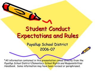 Student Conduct Expectations and Rules Puyallup School District 2006-07 *All information contained in this presentation comes directly from the  Puyallup School District Elementary School Rights and Responsibilities Handbook .  Some information may have been revised or paraphrased. 
