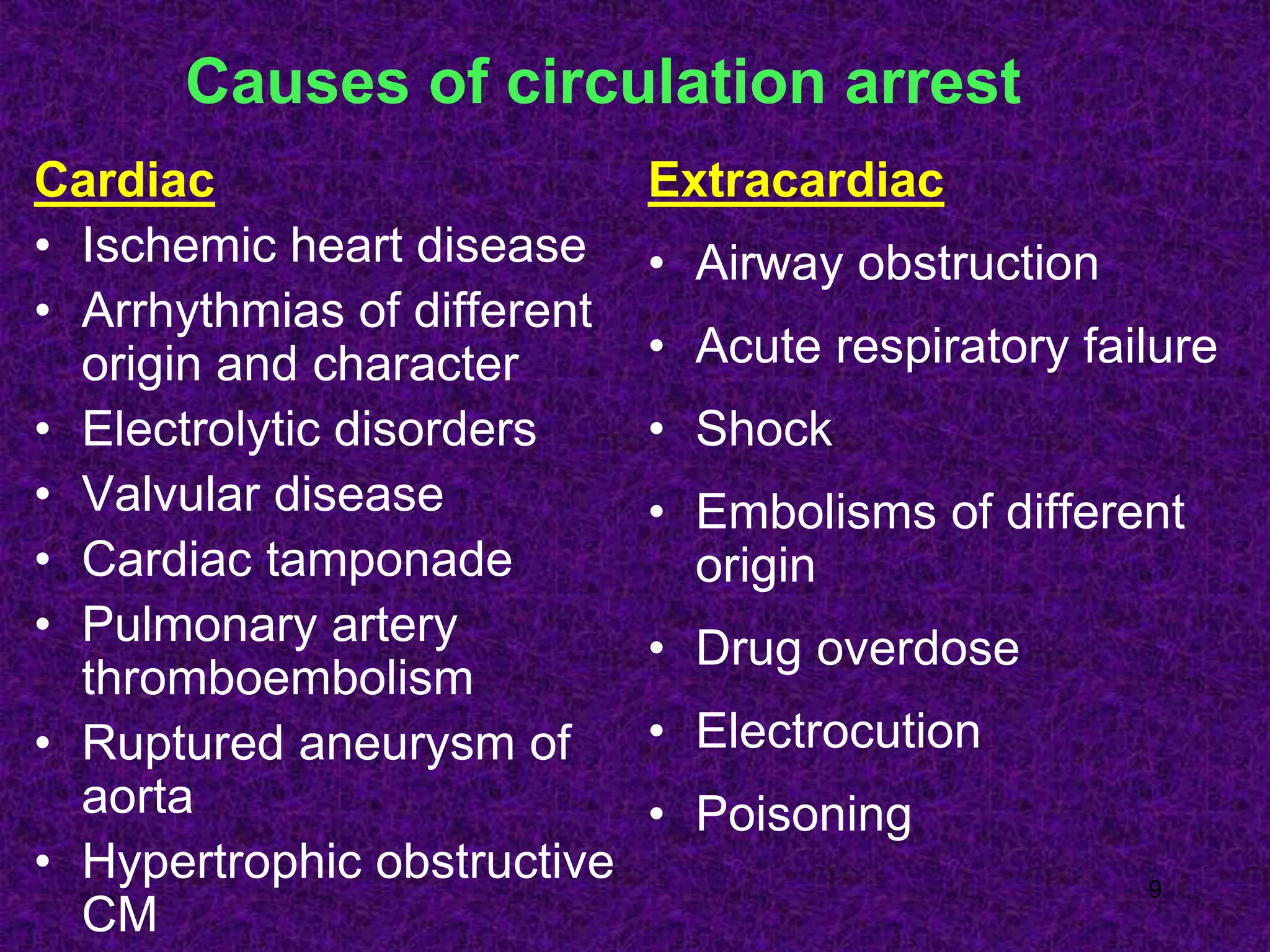9
Causes of circulation arrest
Cardiac
• Ischemic heart disease
• Arrhythmias of different
origin and character
• Electrolytic disorders
• Valvular disease
• Cardiac tamponade
• Pulmonary artery
thromboembolism
• Ruptured aneurysm of
aorta
• Hypertrophic obstructive
CM
Extracardiac
• Airway obstruction
• Acute respiratory failure
• Shock
• Embolisms of different
origin
• Drug overdose
• Electrocution
• Poisoning
 