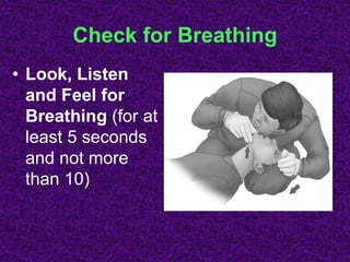 Check for Breathing
• Look, Listen
and Feel for
Breathing (for at
least 5 seconds
and not more
than 10)
 