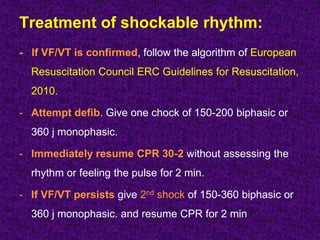 Treatment of shockable rhythm:
- If VF/VT is confirmed, follow the algorithm of European
Resuscitation Council ERC Guidelines for Resuscitation,
2010.
- Attempt defib. Give one chock of 150-200 biphasic or
360 j monophasic.
- Immediately resume CPR 30-2 without assessing the
rhythm or feeling the pulse for 2 min.
- If VF/VT persists give 2nd shock of 150-360 biphasic or
360 j monophasic. and resume CPR for 2 min
 