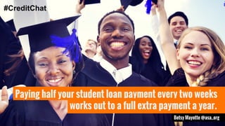 Paying half your student loan payment every two weeks
#CreditChat
Betsy Mayotte @asa_org
works out to a full extra payment a year.
 