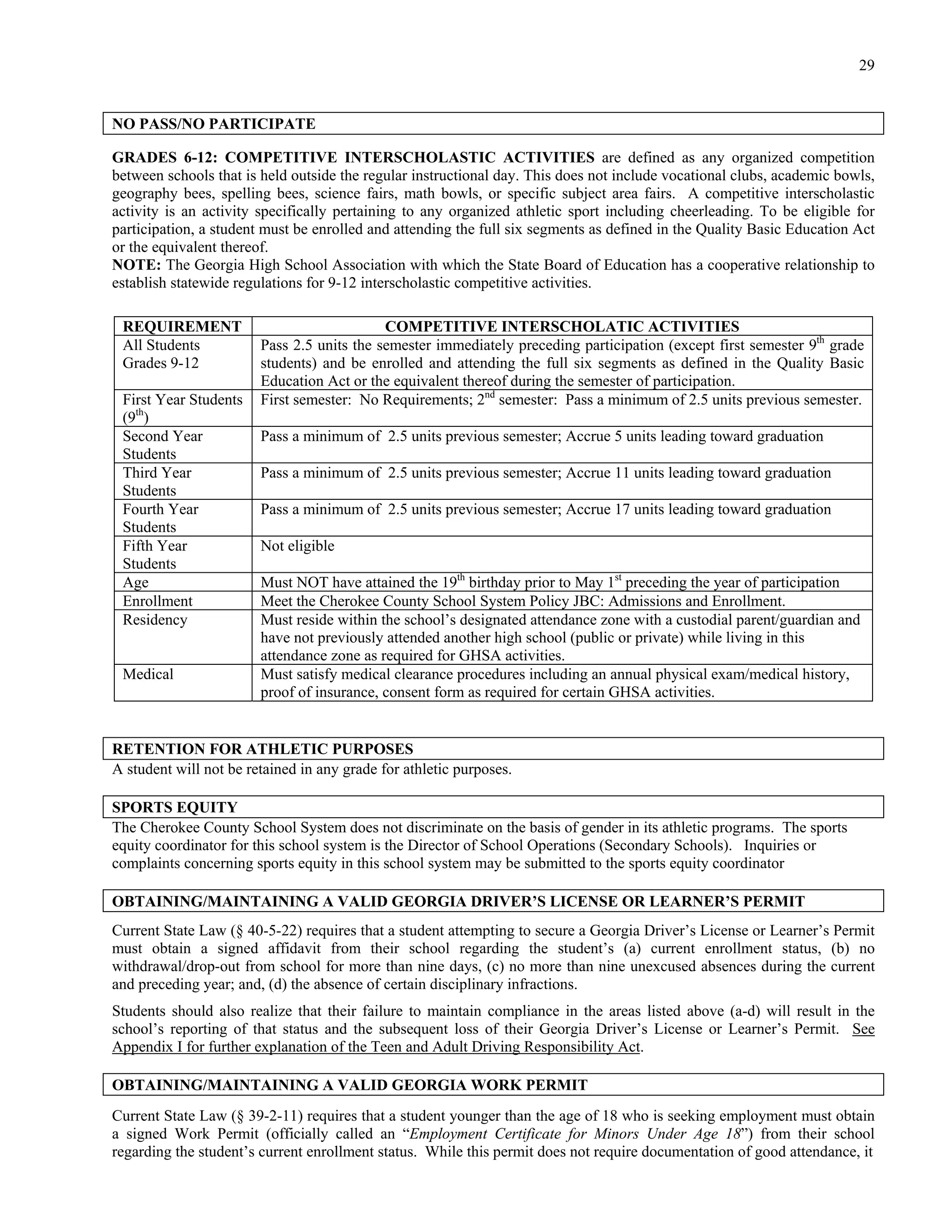 29


NO PASS/NO PARTICIPATE

GRADES 6-12: COMPETITIVE INTERSCHOLASTIC ACTIVITIES are defined as any organized competition
between schools that is held outside the regular instructional day. This does not include vocational clubs, academic bowls,
geography bees, spelling bees, science fairs, math bowls, or specific subject area fairs. A competitive interscholastic
activity is an activity specifically pertaining to any organized athletic sport including cheerleading. To be eligible for
participation, a student must be enrolled and attending the full six segments as defined in the Quality Basic Education Act
or the equivalent thereof.
NOTE: The Georgia High School Association with which the State Board of Education has a cooperative relationship to
establish statewide regulations for 9-12 interscholastic competitive activities.

 REQUIREMENT                                COMPETITIVE INTERSCHOLATIC ACTIVITIES
 All Students           Pass 2.5 units the semester immediately preceding participation (except first semester 9th grade
 Grades 9-12            students) and be enrolled and attending the full six segments as defined in the Quality Basic
                        Education Act or the equivalent thereof during the semester of participation.
 First Year Students    First semester: No Requirements; 2nd semester: Pass a minimum of 2.5 units previous semester.
 (9th)
 Second Year            Pass a minimum of 2.5 units previous semester; Accrue 5 units leading toward graduation
 Students
 Third Year             Pass a minimum of 2.5 units previous semester; Accrue 11 units leading toward graduation
 Students
 Fourth Year            Pass a minimum of 2.5 units previous semester; Accrue 17 units leading toward graduation
 Students
 Fifth Year             Not eligible
 Students
 Age                    Must NOT have attained the 19th birthday prior to May 1st preceding the year of participation
 Enrollment             Meet the Cherokee County School System Policy JBC: Admissions and Enrollment.
 Residency              Must reside within the school’s designated attendance zone with a custodial parent/guardian and
                        have not previously attended another high school (public or private) while living in this
                        attendance zone as required for GHSA activities.
 Medical                Must satisfy medical clearance procedures including an annual physical exam/medical history,
                        proof of insurance, consent form as required for certain GHSA activities.


RETENTION FOR ATHLETIC PURPOSES
A student will not be retained in any grade for athletic purposes.

SPORTS EQUITY
The Cherokee County School System does not discriminate on the basis of gender in its athletic programs. The sports
equity coordinator for this school system is the Director of School Operations (Secondary Schools). Inquiries or
complaints concerning sports equity in this school system may be submitted to the sports equity coordinator

OBTAINING/MAINTAINING A VALID GEORGIA DRIVER’S LICENSE OR LEARNER’S PERMIT
Current State Law (§ 40-5-22) requires that a student attempting to secure a Georgia Driver’s License or Learner’s Permit
must obtain a signed affidavit from their school regarding the student’s (a) current enrollment status, (b) no
withdrawal/drop-out from school for more than nine days, (c) no more than nine unexcused absences during the current
and preceding year; and, (d) the absence of certain disciplinary infractions.
Students should also realize that their failure to maintain compliance in the areas listed above (a-d) will result in the
school’s reporting of that status and the subsequent loss of their Georgia Driver’s License or Learner’s Permit. See
Appendix I for further explanation of the Teen and Adult Driving Responsibility Act.

OBTAINING/MAINTAINING A VALID GEORGIA WORK PERMIT
Current State Law (§ 39-2-11) requires that a student younger than the age of 18 who is seeking employment must obtain
a signed Work Permit (officially called an “Employment Certificate for Minors Under Age 18”) from their school
regarding the student’s current enrollment status. While this permit does not require documentation of good attendance, it
 