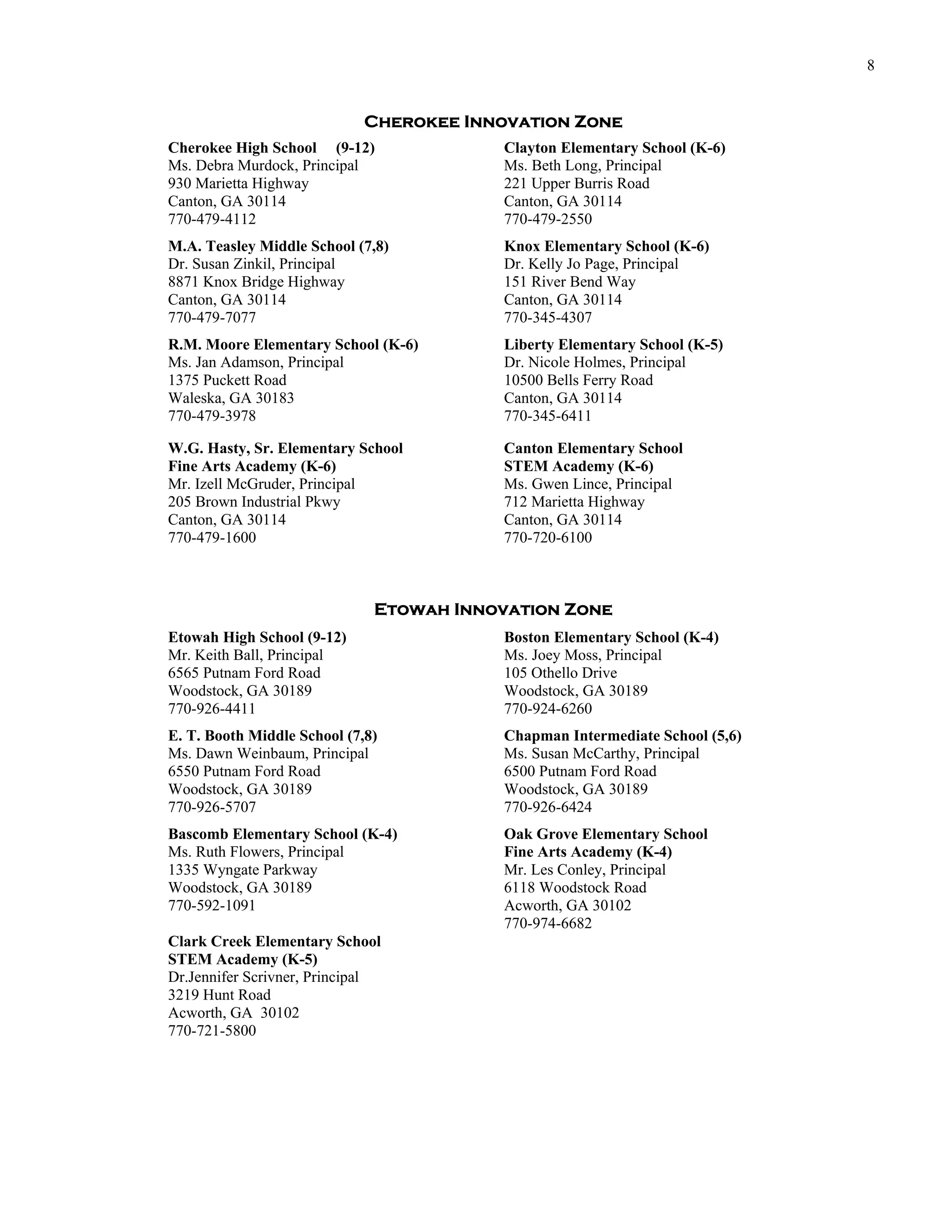 8


                             Cherokee Innovation Zone
Cherokee High School (9-12)              Clayton Elementary School (K-6)
Ms. Debra Murdock, Principal             Ms. Beth Long, Principal
930 Marietta Highway                     221 Upper Burris Road
Canton, GA 30114                         Canton, GA 30114
770-479-4112                             770-479-2550
M.A. Teasley Middle School (7,8)         Knox Elementary School (K-6)
Dr. Susan Zinkil, Principal              Dr. Kelly Jo Page, Principal
8871 Knox Bridge Highway                 151 River Bend Way
Canton, GA 30114                         Canton, GA 30114
770-479-7077                             770-345-4307
R.M. Moore Elementary School (K-6)       Liberty Elementary School (K-5)
Ms. Jan Adamson, Principal               Dr. Nicole Holmes, Principal
1375 Puckett Road                        10500 Bells Ferry Road
Waleska, GA 30183                        Canton, GA 30114
770-479-3978                             770-345-6411

W.G. Hasty, Sr. Elementary School        Canton Elementary School
Fine Arts Academy (K-6)                  STEM Academy (K-6)
Mr. Izell McGruder, Principal            Ms. Gwen Lince, Principal
205 Brown Industrial Pkwy                712 Marietta Highway
Canton, GA 30114                         Canton, GA 30114
770-479-1600                             770-720-6100



                              Etowah Innovation Zone
Etowah High School (9-12)                Boston Elementary School (K-4)
Mr. Keith Ball, Principal                Ms. Joey Moss, Principal
6565 Putnam Ford Road                    105 Othello Drive
Woodstock, GA 30189                      Woodstock, GA 30189
770-926-4411                             770-924-6260
E. T. Booth Middle School (7,8)          Chapman Intermediate School (5,6)
Ms. Dawn Weinbaum, Principal             Ms. Susan McCarthy, Principal
6550 Putnam Ford Road                    6500 Putnam Ford Road
Woodstock, GA 30189                      Woodstock, GA 30189
770-926-5707                             770-926-6424
Bascomb Elementary School (K-4)          Oak Grove Elementary School
Ms. Ruth Flowers, Principal              Fine Arts Academy (K-4)
1335 Wyngate Parkway                     Mr. Les Conley, Principal
Woodstock, GA 30189                      6118 Woodstock Road
770-592-1091                             Acworth, GA 30102
                                         770-974-6682
Clark Creek Elementary School
STEM Academy (K-5)
Dr.Jennifer Scrivner, Principal
3219 Hunt Road
Acworth, GA 30102
770-721-5800
 