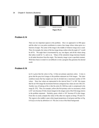 34 Chapter 6 Solutions (Students)
Figure P6.12
Problem 6.14
There are two important aspects to this problem. One is to approach it in HSI space
and the other is to use polar coordinates to create a hue image whose values grow as a
function of angle. The center of the image is the middle of whatever image area is used.
Then, for example, the values of the hue image along a radius when the angle is 0±
would
be all 0zs. The angle then is incremented by, say, one degree, and all the values along
that radius would be 1zs, and so on. Values of the saturation image decrease linearly
in all radial directions from the origin. The intensity image is just a speci®ed constant.
With these basics in mind it is not dif®cult to write a program that generates the desired
result.
Problem 6.16
(a) It is given that the colors in Fig. 6.16(a) are primary spectrum colors. It also is
given that the gray-level images in the problem statement are 8-bit images. The latter
condition means that hue (angle) can only be divided into a maximum number of 256
values. Since hue values are represented in the interval from 0±
to 360±
this means
that for an 8-bit image the increments between contiguous hue values are now 360=255.
Another way of looking at this is that the entire [0, 360] hue scale is compressed to the
range [0, 255]. Thus, for example, yellow (the ®rst primary color we encounter), which
is 60±
now becomes 43 (the closest integer) in the integer scale of the 8-bit image shown
in the problem statement. Similarly, green, which is 120±
becomes 85 in this image.
From this we easily compute the values of the other two regions as being 170 and 213.
The region in the middle is pure white [equal proportions of red green and blue in Fig.
6.61(a)] so its hue by de®nition is 0. This also is true of the black background.
 