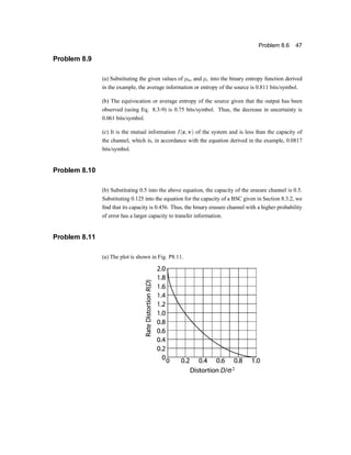 Problem 8.6 47
Problem 8.9
(a) Substituting the given values of pbs and pe into the binary entropy function derived
in the example, the average information or entropy of the source is 0.811 bits/symbol.
(b) The equivocation or average entropy of the source given that the output has been
observed (using Eq. 8.3-9) is 0.75 bits/symbol. Thus, the decrease in uncertainty is
0.061 bits/symbol.
(c) It is the mutual information I(z; v) of the system and is less than the capacity of
the channel, which is, in accordance with the equation derived in the example, 0.0817
bits/symbol.
Problem 8.10
(b) Substituting 0.5 into the above equation, the capacity of the erasure channel is 0.5.
Substituting 0.125 into the equation for the capacity of a BSC given in Section 8.3.2, we
®nd that its capacity is 0.456. Thus, the binary erasure channel with a higher probability
of error has a larger capacity to transfer information.
Problem 8.11
(a) The plot is shown in Fig. P8.11.
 
