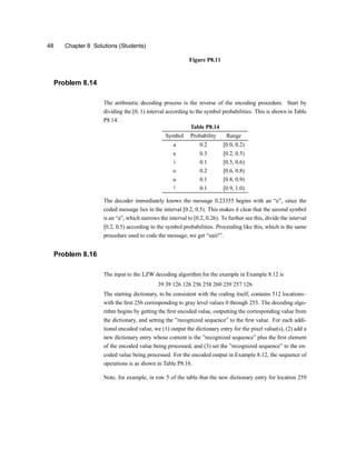 48 Chapter 8 Solutions (Students)
Figure P8.11
Problem 8.14
The arithmetic decoding process is the reverse of the encoding procedure. Start by
dividing the [0, 1) interval according to the symbol probabilities. This is shown in Table
P8.14.
Table P8.14
Symbol Probability Range
a 0.2 [0.0, 0.2)
e 0.3 [0.2, 0.5)
i 0.1 [0.5, 0.6)
o 0.2 [0.6, 0.8)
u 0.1 [0.8, 0.9)
! 0.1 [0.9, 1.0)
The decoder immediately knows the message 0.23355 begins with an |e}, since the
coded message lies in the interval [0.2, 0.5). This makes it clear that the second symbol
is an |a}, which narrows the interval to [0.2, 0.26). To further see this, divide the interval
[0.2, 0.5) according to the symbol probabilities. Proceeding like this, which is the same
procedure used to code the message, we get |eaii!}.
Problem 8.16
The input to the LZW decoding algorithm for the example in Example 8.12 is
39 39 126 126 256 258 260 259 257 126
The starting dictionary, to be consistent with the coding itself, contains 512 locationsw
with the ®rst 256 corresponding to gray level values 0 through 255. The decoding algo-
rithm begins by getting the ®rst encoded value, outputting the corresponding value from
the dictionary, and setting the }recognized sequence} to the ®rst value. For each addi-
tional encoded value, we (1) output the dictionary entry for the pixel value(s), (2) add a
new dictionary entry whose content is the }recognized sequence} plus the ®rst element
of the encoded value being processed, and (3) set the }recognized sequence} to the en-
coded value being processed. For the encoded output in Example 8.12, the sequence of
operations is as shown in Table P8.16.
Note, for example, in row 5 of the table that the new dictionary entry for location 259
 