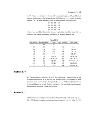 Problem 8.19 49
is 126-39, the concatenation of the currently recognized sequence, 126, and the ®rst
element of the encoded value being processedwthe 39 from the 39-39 entry in dictionary
location 256. The output is then read from the third column of the table to yield
39 39 126 126
39 39 126 126
39 39 126 126
39 39 126 126
where it is assumed that the decoder knows or is given the size of the image that was
recieved. Note that the dictionary is generated as the decoding is carried out.
Table P8.16
Recognized Encoded Value Pixels Dict. Address Dict. Entry
39 39
39 39 39 256 39-39
39 126 126 257 39-126
126 126 126 258 126-126
126 256 39-39 259 126-39
256 258 126-126 260 39-39-126
258 260 39-39-126 261 126-126-39
260 259 126-39 262 39-39-126-126
259 257 39-126 263 126-39-39
257 126 126 264 39-126-126
Problem 8.19
(a) The motivation is clear from Fig. 8.17. The transition at c must somehow be tied
to a particular transition on the previous line. Note that there is a closer white to black
transition on the previous line to the right of c, but how would the decoder know to use
it instead of the one to the left. Both are less than ec. The ®rst similar transition past e
establishes the convention to make this decision.
Problem 8.21
The derivation proceeds by substituting the uniform probability function into Eqs. (8.5-
20) - (8.5-22) and solving the resulting simultaneous equations with L = 4. Eq. (8.5-21)
 