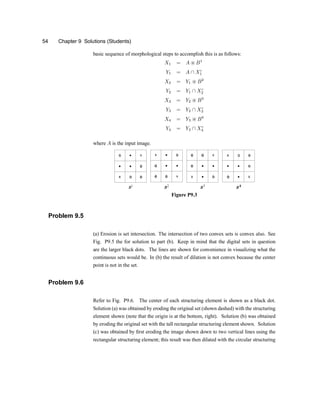 54 Chapter 9 Solutions (Students)
basic sequence of morphological steps to accomplish this is as follows:
X1 = A ~ B1
Y1 = A  Xc
1
X2 = Y1 ~ B2
Y2 = Y1  Xc
2
X3 = Y2 ~ B3
Y3 = Y2  Xc
3
X4 = Y3 ~ B4
Y4 = Y3  Xc
4
where A is the input image.
Figure P9.3
Problem 9.5
(a) Erosion is set intersection. The intersection of two convex sets is convex also. See
Fig. P9.5 the for solution to part (b). Keep in mind that the digital sets in question
are the larger black dots. The lines are shown for convenience in visualizing what the
continuous sets would be. In (b) the result of dilation is not convex because the center
point is not in the set.
Problem 9.6
Refer to Fig. P9.6. The center of each structuring element is shown as a black dot.
Solution (a) was obtained by eroding the original set (shown dashed) with the structuring
element shown (note that the origin is at the bottom, right). Solution (b) was obtained
by eroding the original set with the tall rectangular structuring element shown. Solution
(c) was obtained by ®rst eroding the image shown down to two vertical lines using the
rectangular structuring elementu this result was then dilated with the circular structuring
 