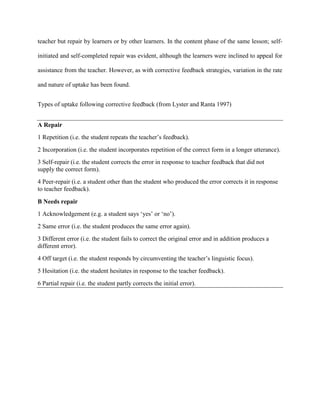 teacher but repair by learners or by other learners. In the content phase of the same lesson; self-

initiated and self-completed repair was evident, although the learners were inclined to appeal for

assistance from the teacher. However, as with corrective feedback strategies, variation in the rate

and nature of uptake has been found.


Types of uptake following corrective feedback (from Lyster and Ranta 1997)


A Repair
1 Repetition (i.e. the student repeats the teacher‘s feedback).
2 Incorporation (i.e. the student incorporates repetition of the correct form in a longer utterance).
3 Self-repair (i.e. the student corrects the error in response to teacher feedback that did not
supply the correct form).
4 Peer-repair (i.e. a student other than the student who produced the error corrects it in response
to teacher feedback).

B Needs repair
1 Acknowledgement (e.g. a student says ‗yes‘ or ‗no‘).
2 Same error (i.e. the student produces the same error again).
3 Different error (i.e. the student fails to correct the original error and in addition produces a
different error).
4 Off target (i.e. the student responds by circumventing the teacher‘s linguistic focus).
5 Hesitation (i.e. the student hesitates in response to the teacher feedback).
6 Partial repair (i.e. the student partly corrects the initial error).
 