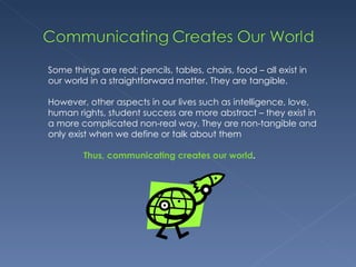 Some things are real; pencils, tables, chairs, food – all exist in our world in a straightforward matter. They are tangible. However, other aspects in our lives such as intelligence, love, human rights, student success are more abstract – they exist in a more complicated non-real way. They are non-tangible and only exist when we define or talk about them Thus, communicating creates our world . 