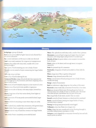 '
'
'
'
'
'
'
'
'
'
'
'
'
'
'
'
~
Igitude
'OO'W
i"OO'W
1"43'W
'oo'W
'oo'W
'oo'W
;o39'W
°04'W
'OO'W
l'oo'E
'OO'E
'oo'W
'oo'W
/' 34'E
' 20'W
iOOO'E
roos
09'W
oo'W
°33'W
r"D4'E
02'W
-oow
'oo'W
'09'W
00'W
00'W
l15'W
'OO'W
00'W
>OO'W
" SO'E
'OO'W
48'W
:0'00'
OO'W
'0 2'E
" 8'E
'08'E
DO'W
Peninsula
river
S e a
Dese rt
­""­
'_Oasis
Archipelago J
Point
39'E
S4'W
"OO'E
S6'E
OO'W
Archipelago a group of islands
oo'E
44'E
Basin an area surrounded by high er land; an area drained by a
S'W riverand its trib utaries
'08'E
31'E Baya coastal indentation of [he sea or a lake into [he land
)(l'W
'S4'E
J7'W Canal a man-made wa[erway. for Irn gatl on or trans portation
S3'E
'XJ'W
36'E
Canyon a deep valley with steep Sides, usually wu h a nver
12'W flowing through it'OO'E
'XJ'W
'YJ'W Cape a point ofl and extending ou t m to a body of water
W E
WE
Channel a narrow stretch ofwater connec ting two larger bodies28'E
37'E ofwateroo's
8'W
KJ'W Cliff a high, steep rock-face
KJ'W
KJ'W
KJ'W Coast a strip ofland bordering the sea
(l 'W
'W Continental Divide a ridge ofland (divide) th at separates th el4'E
great drainage basins ofa continent, each basin emptying into a
separate body of water
S'W
Delta an area ofland formed by deposits at th e mo uth ofa riverO'W
i9'E
IO'E Desert an area ofland with little rainfall or vegetationIO'E
IO'E
2'E Fjord a narrow inlet of the sea, with steep slopes, formed by a
'E
'E glacier
lOW
lOW
4' E Glacier a large mass of ice that moves slowly, from high er to
'E lower groundO'E

O'E

OE Gulf an extension of the sea partly sur rounded by land, larger
2'E
than a bay
Harbor a sheltered area along a coast where ships can safely
anchor
Hills an upland area, smaller than mountains, with gentle slopes
ra Island a body ofland completely sur rounded by wat er
Isthmus a narrow strip ofl and that connec ts two larger bodies
ofland
Lake a body of water completely surrounded by lan d
Glossary .
Mesa a tlat up land area with steep sid es, sm aller than a plateau
Mountain an area ofland nsing much higher than the land
around u, with steep slopes and pointed or rounded tops
Mouth, of river th e pomt where a river empties into another
body of water
Oasis a place rn the desen with enough water to suppon
vegetation
Peak [he pointed top ofa mountain
Peninsula a lon g piece of land surrounded on three sides by
water
Plain a large area of flat or gently rolling land
Plateau a large elevated area of flat land
Point a na rrow piece of land jutting Ollt into a body of water,
usually low-lymg
Range a chain of mountains
Reefan underwat er ndge, lying near the surface of the water
Reservoir a man-made lake, sometimes formed by a river dam
River any stream of fresh water flowing by gravity from an
up land source into a body of water or another river. Perennial
rivers flow all year; intermitt ent are dry pa rt of the year
Sea a large body of salt water, smaller than an ocean
Sound a stretc h of water between an island and the mainland
Strait a stretch of water joining two larg er bodies of water,
narrower th an a chan nel
Swam p low-lying land permanently waterlogged
Tributary a river that flows into a larger river
Valley a long, low area, usually with a river flowing through it,
and often lying between mountains or hills
Volcano a cone-shaped hill or mou ntain formed by lava and ash;
may be acti ve or exti nct
 