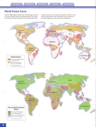 .....
..
World Forest Cover
Forests help regulate climate by sto n ng hu ge am ounts
of carbon dioxide, whil e providing habitats for coun t­
less animal and plant species. Environmentalists have
-=

Forest Cover
Forest cover 8,000 years ago
that has been lost
D	 Remaining forest cover
(much of it fragmented)
SOurce	 ':ore Sl FrontIers jn, rJa t,lIe .
World Resources r-isutute. IQQ8
-,.
--­ - - --­ --­
Annual Deforestation
Rates
More than D.9% de forested
D.l to D.9% defo rested
Stable or increased forest area
No current data available
Source World Resources rosntcte
voiced concern over a lon g-term decrease in forest cover,
as forest lands have been cleared for such purposes as
farnung, loggl11g, ml11mg, and urban expans IOn.
 