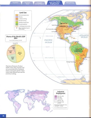 Belo
Horizonte•
• Rio deJm..
· SaoP~u~ - - -
- Buenos
~Aires
ATLANTIC
--­6 CEAN-­--
PACIFIC
OCEAN
- TROPICOFCAPRICORN­ ---------­
- ,
-o·-----------t--- EQUATOR ---+---------.f:------...­"iiiil':!l.
Land Use
D Commercial agriculture
D
D Dairy ing
Livestock ranching
Nomadic herding
Subsistence agriculture
Primarily forestland
Limited agricultural activity
•	 Major manufactu ring and
trade centers
Shares of the World's GOP
2001
SOurce: World Facrboolc. CIA. 2001
Canada 2%
The Gross Do mes tic Product
(GOP) is the value of goods and
services produced by a political
ent ity In any given period . These
valu es help ind icate how well th e
econo my is doing.
Industrial

Employment

More than 40%
30 to 40%
lS to 29.9%
Less than 1S%
No current data
available
Percentage of total labor force
employed in industry.
Source: World Factbook. CIA. 2001
 