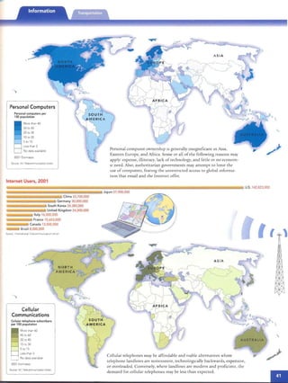 Personal Computers
Personal computers per
100 populat ion
More than 40
30 to 40
20 to 30
10 to 20
5 to 10
Less [han 5
No data available
2001 Estimates
Source IM I Telecommunication Unton
Internet Users, 2001
China 33,700,000
Germany 30,000,000
South Korea 24,380,000
United Kingdom 24,000,000
Italy 16,000,000
France 15,653,000
Canada 13,500,000
Braz il 8,000,000
Source Inte rnational Telecommun ication Union
Cellular
Communications
Cellular telephone subscribers
per 100 populat ion
More than 60
45 to 60
30 to 45
15 to 30
5 to 15
Less than 5
No data available
2001 Est;mate,
Source In1"lIeleco mmunicatron Union
Personal computer ownership ISgenerally msign rficanr 111 ASia, if
Eastern Euro pe, and Africa. Some or all of the following reasons may

apply: expense, illiteracy, lack of techn ology, and little or no eco no m­

IC n eed. Also, authoritarian govern me nts may anem p[ to lirrur [h e

use of com puters, feanng the unresrrtcred access to glo bal informs­

n on [ ha c email and [he Intern et offer.

u.s. 142,823,000
Japan 57,900,000
'f1
Cellular telep hon es may be affordable and Viab le alrernanves where
teleph one Ian dimes are non existent, rcchnologically backwards, expensive,
or overloaded. Co nversely, where landlines are modern and profi cien t, [he
demand for cellu lar telep hon es may be less [han expected.
 