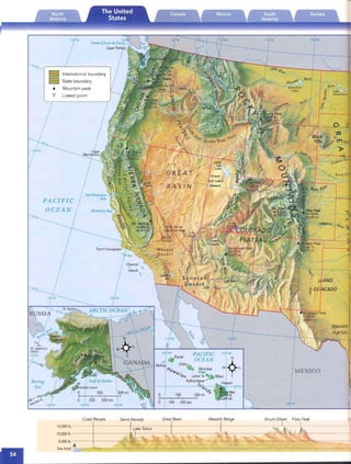 130'W ios-w
B
B
'"
'V
International boundary
State boundary
Mountain peak
Lowest point
II
I
II
I
40°fy
1300W
/
3S'fy
Oahu
­Molokai
MEXICOlia*at '
lal} Lanai..
Kahoolawe ..
/.
100
a 250 500 km  100 200 km 10S'WIS0'W 140'W
Coast Ranges Sierra Nevada GreatBasin WasatchRange Mount Elbert irei
15,OOO ft.---- -----------h~-k;T~h;;-----+-------------+------------------- I . & ~_ - - ­
10,OOOft.- - - - - - - - L---------~~----- .. =----''----..1.- --­i ---.,---t'ft
5,OOOft. - - - - - - - ­
Sea level:.A.:.....---.,.. ~ _

 