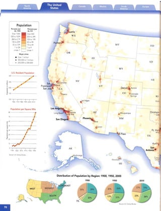 Population
Persons per

sq. mile

a ve' 1040

520 to 1039

260 to 519

130 to 259

25 to 129
 MT ND
1 to 24
Under 1
I-- _
Major cities
• Over 1 million
•	 500.000 to 1 million
SD• 250,000 to 500,000
WY
U.S. Resident Population
300
N E
J250 - -- ---c:>.e=--	 - --,
'E
c
g200 , ,­	 Denver Aurora
.~ .	 ~'S
d"
a.
150-- - - - - - -- - CO • Colorado I
Springs KS
100 I I I I

1960 1970 1980 1990 2000 2010
 Wie
-
Population per Square Mile
I80 - - -- -- --
Ibuq uerque ,Oklahoma
l Cit"
NM
Ft. Wort a
10-- ---=->;;.,..---­
o	 I I' I' 1"

1790 1830 1870 1910

Source: U 5 Census Bureau
 "
Austin
Arlin
TX
HI a
Honolulu·
II
II
esa
- I
-----I
ID
LasVegas
> AZ
,; Phoeni
WA
San Diego
AK
OR
"
I
Persons per
sq. km
Over 400
200 to 399
100 to 199
SO to 99
10to 49
1 to 9
Under 1
I I
1950 1990
__
'1 " '1 '
- .....
- -
- - ­
Distribution of Population by Region: 1900, 1950, 2000
1900 1950 2000
Source; u.s.Census Bureau
 