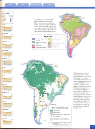 ...

Climate Graphs
Average daily Ave rage mon thly
temperature preci pitation
range (in'F) (in inchesJ
'~j~l::

ASUNCION,Paraguay
0
-[::. I
South Amen ca IS dommated by
tropi cal vegeta tlo n, including
Earth 's most extensive rain forest.
Farther south, a vast grassland, the
Pampa, fades gradually in to the dr y
and meager vegeratlon of Para gonia.
See ph otographs of the different
kin ds of vegetation on pages 26-2 7.
Vegetation
)BRAZIL
The destruction of forest
areas- especially in the
Amazon Basin- is one of th e
leading environmental
issu es in South America. In
Brazil , ir is estimated rhar an
average of 15,000 acres of
forest are lost each day as
peop le clear lan d for timber
and to grow cro ps. Human
activities have im pacted
other rypes of vegerarion, as
well. For example, over­
grazing has caused damage
to grasslands in many areas,
putting th em ar risk of
beco mi ng inferti le deserts.
Poor urban air quality is
anoth er serious concern in
th e region, with nearly 80
percent of the population
living in cities.
,ecife
lry
Jao Apr J,I Oct
BOGOTA.Colombia
IWj65'
32' . I . I~
Jan Apr J, I Oct
BUENOSAIRES, Argentina
1WI­65
Unclassified highlands D
or ice cap D
Midlatitude deciduous D
lorest
Mixed forest D
Midlatitude scrubland D
Midlatitude grassland
Desert
Tropi cal seasonal and scrub
Tropical rain forest
Tropical savanna
•
m
en
32' -=:-- 10'
0" •Jan •Apr •Jul •Oc t On
CARACAS, Venezuela
'~j I I l::Jan Apr Jul Oct
CAYENNE,French Guiana
'~j
~
Jan Apr
LA PAZ, Bolivia
lOOj
61' _
J2'
~ I .
Jan Apr
UMA,Peru
I~j
:­Jan Ap,
t.lANAUS, Brazil
IlXl'j'65
32' I I
--f:
::
Jul Oct
J, I Oct
_
J,I Oct
~ ~
Jan Apr Jul Oct
PUNTAARENAS, Chile
':j~-!!!!!!!!!-=
~ •
Jan Ap' Jul OCI
RECIFE,Brazil
IIXl']65' _
J2' I I
~ ~
Jan Apr Jul Oct
RIODEJANEIRO, Brazil
[20
10
0'
[20
0'
[::
0'
[20
10
0
[20,
10'
O'
l::
0'
[20,'
10'
O
E
Environmental Issues
• Current forest
D Cleared forest
~ Area at highest risk of desertification
• Poor air quality'
'Cures exceeamq at leas! one of the World Health
O'ganlzavon·s (WHO) onnual mean gUidelines fo,.dll
qualrry
Sources Global Dlsrnbutlon 01 Ongmal a nd Remaining ro-esr s.
UNEPWC MC.2002
World 50,1Resources Map rndell. USDAl NRCS. 2002
World Developmenllndicarors. World Bank. 1999
I~)65'
---[::32'
I
" IJao Apr
SANTIAGO, Chile
100']
65:
32
0'
Jan Ap'
• • O.
Jul Oe1
_1[::,.

• 0Jul OCl
 