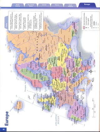 .cr'"
60"E
SO'E
.,rs'"
Internationalboundary
Nationalcapital
Othercapital*
§]
®
•HighestPoint:Mt.Elbrus,
Russia,18,510ft.(5,642m)
Symbolandlabelsizes
indicaterelativesizesofcities:
Varna
•London
Helsinki
•Area:4,032,000squaremi.
(10,443,000squarekilometers)
•LowestPoint:CaspianSea
92ft.(28m)belowsealevel
•LongestRiver:Volga,
2,290mi.(3,685km)
•LargestLake:CaspianSea,
143,244sq.mi.
(371,000sq.km)
•LargestCountry:Russia
(European),1,663,870sq.mi.
(4,309,400sq.km)
•LargestCity:Paris,France
9,645,000(metropolitanpop.)
40'E
61t1ck.Sea
60'E
S<J<E
3<J<E
J.lrakfio
30'E
Crete
20'E
20'E
Pan;elleria
~t.)®Vallena
MALTA
1<J<E
nean
10"W
..............
20"W
500km
Bayof
Disc"y
.Gij6n
250
BJlbao
".
V.lla~olid''.-l-
SPAIN.Z.r~goza
~Madrid
0'
FaroeIs.
,~(Den.)
I
Norwegian
0'
.Cordoba
Valencia-BalearicSea
•M.ijortoj;-q
.).PalmaOMiooJra.
.Allcante.deM..llorcaBalearicIs.Sardinia
Malag.a«GrenadeI(Sp.){It.}•.
'GIBRALTAR(U.K.)/
Mediterra
So"~
o
o250500mi
I.'•
Vigo_.
Porto.
SlTolj(Of
Gil"'all,Jr
-,
40o~
ATLANTI~
OCEAN
10'W
 