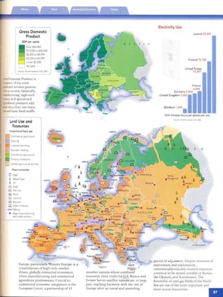 ...

Electricity Use
Gross Domestic Icel and 23,655
Product
GOP per capit a
R U S S A
Over 520,000
510,000 to 520,000
$5,000 to $9,999
$2,500 to $4,999
Finland 15,768
Under $2,500
No data
United St at es
Source. World Facrboo~. CIA. 2001 12,407
GrossDomestic Prod uct IS

ameasure of the to tal

France
goodsand services genera t­
6,696
ed by acount ry, Generally, Germ any 5,964
manufacturing, high-tcch Unit ed Kin g d om 5,583
s.:rl'ices,and specialized
agricultural products add
morevalue than raw mate­ M o ldova 1,304

nals andbasic food stuffs.

KWh (kilowatt hours) per person per year
Source' World f-actbOOlo:. CIA. 2001
Land Use and

Resources

Predominant land use
Comrneroa! agriculture
Da"ylng
Livestock. ranching
ANomadic berdmq
Subsistence agncu lture
,Primanly forestland
"D Limited agncultural activity
Major resources
Q Coal Niznij
~ Natural gas • Novgorod
~ ali Moscow.

f£J. Gold

@ Iron are

[f;ll Silver Minsk

@ Uranium

BELARUS

@ Bauxite

o Other minerals
FishIng
•	 Major rnaouiactunnq

and trade centers

AZERBAIJAN
period of adjusment. Despite centuries of
Europe, particularly Westcrn Euro pe, is a exploration an d exploitation,'::IMALTA
consolida non of high-tech, market­ co mmercially-valuable mineral resources
driven, globa lly connected eco no m ies, continue to be m ined, notably in Russia,
where man ufactunng and co m me rcial the Ukraine, and Scandinavia. The
agriculture predonunacc. Crucial to bo untifu l oil and gas fields of the North
s 365 Sea are one of the most im portant andcon tmc ntal eco nom ic Il1tegratl on IS the

Eur opean UnIOn, a par tn ership of 15
 m ost recent dis coveries.
mem ber nations whose combined
eco nom ic clo ut rivals th e U.S. RUSSIa and
former Soviet-satellite nations ar e, in large
pan , reachmg harm on y with th e rest of
Europe afte r an iruual and unserrlin g
 