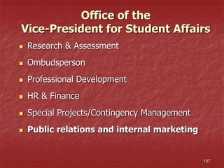 107
Office of the
Vice-President for Student Affairs
 Research & Assessment
 Ombudsperson
 Professional Development
 HR & Finance
 Special Projects/Contingency Management
 Public relations and internal marketing
 